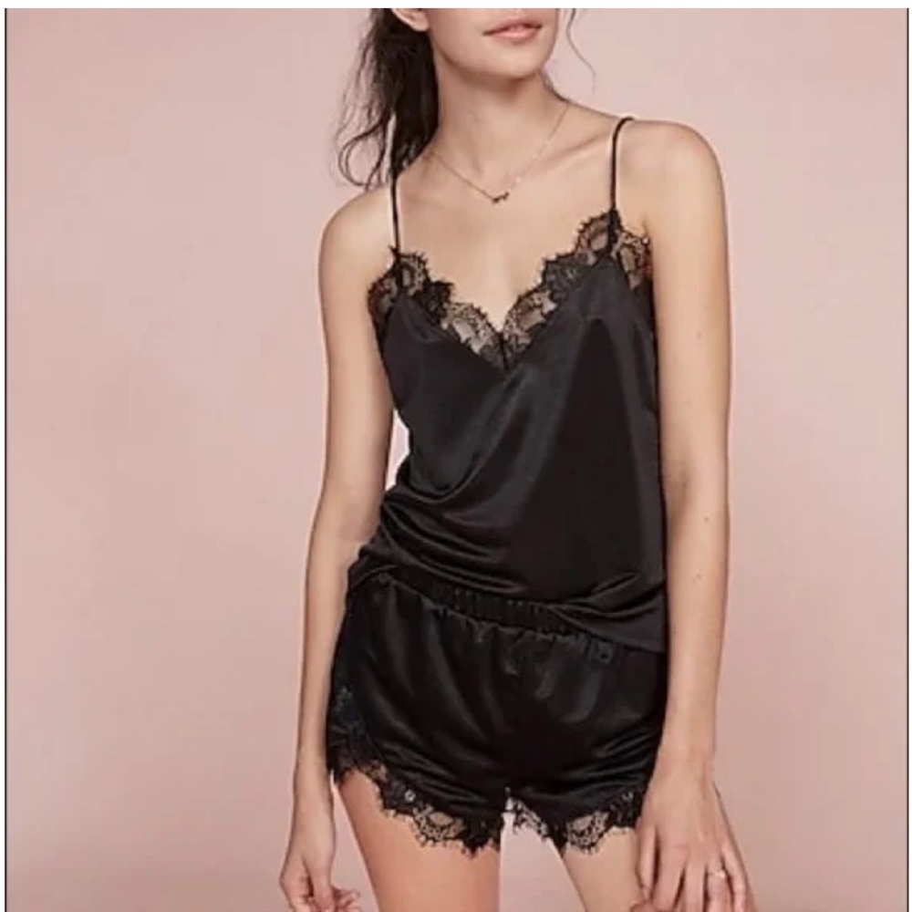 🆕 Express One Eleven Black Satin and Lace Chemise Sleepwear Set